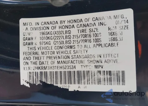 2014 Honda Cr-V Lx z USA, uszkodzony, nr VIN 2HKRM3H31EH523534